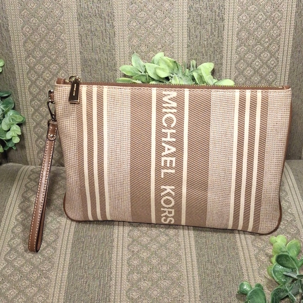 Michael Kors Jet Set Linen Monogram Logo Wristlet Pouch or Clutch